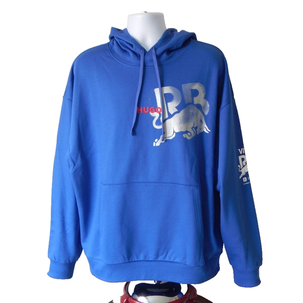 NWT HUGO Running Bulls Graphic Pullover Hoodie Blue in Cotton Terry Men's LARGE